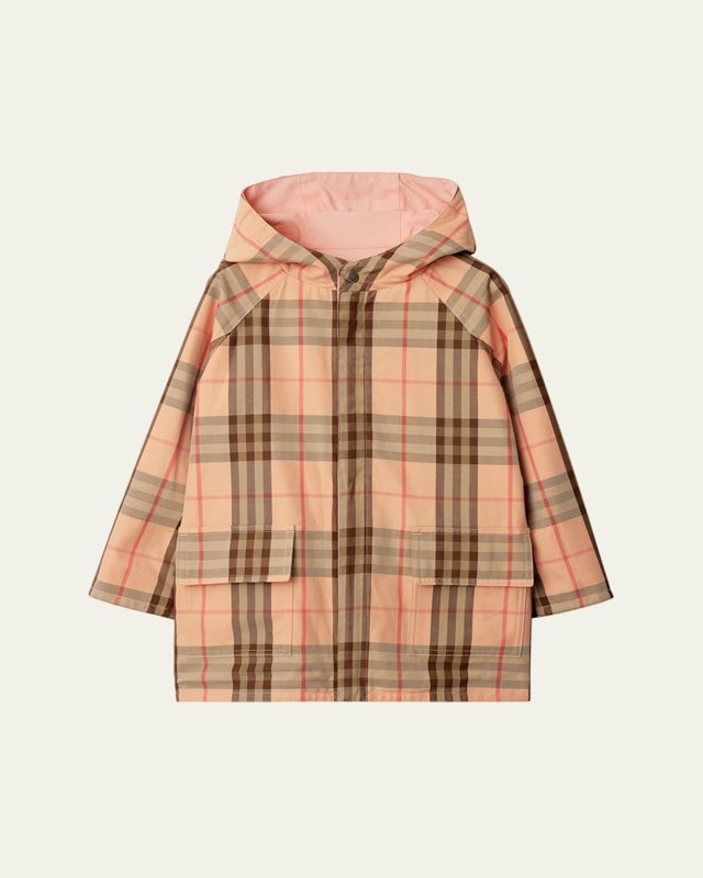 Girl's Emile Reversible Check-Print Raincoat, Size 3-14